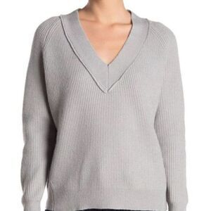 FRNCH Paris V Neck Ribbed Knit Sweater Gray NWT